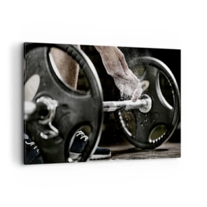 Bild auf Leinwand - Leinwandbild - Hanteln und die Hände eines Sportlers bereiten sich auf das Training vor - 120x80cm - Herausforderung angenommen! - Moderne Wanddekoration für Wohnzimmer und Schlafzimmer ARTTOR