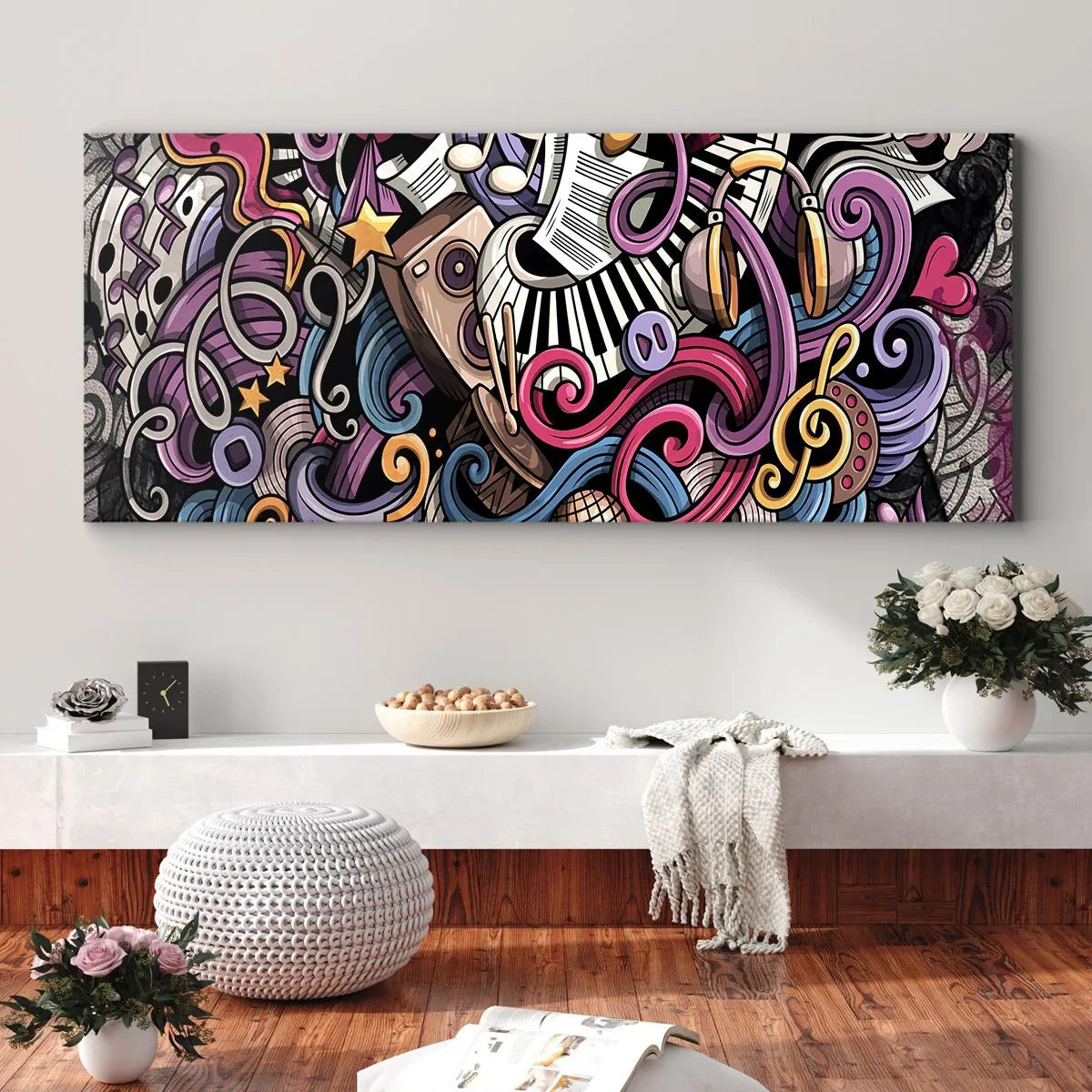 Bild auf Leinwand - Leinwandbild - Eine musikalische Abstraktion voller farbenfroher Instrumente und Noten. - 140x50cm - Komplizierte Melodie - Moderne Wanddekoration für Wohnzimmer und Schlafzimmer ARTTOR