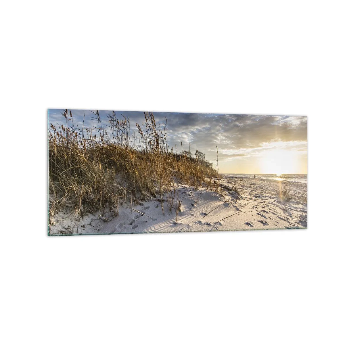 Glasbild - Bild auf glas - Dünen mit Gras und Fußspuren im Sand bei Sonnenuntergang - 120x50cm - Einladung zu einem Spaziergang - Moderne Wanddekoration für Wohnzimmer und Schlafzimmer ARTTOR