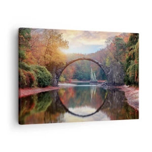 Bild auf Leinwand - Leinwandbild - Eine Steinbrücke in einer Herbstlandschaft über ruhigem Wasser - 70x50cm - Auf der anderen Seite des Spiegels - Moderne Wanddekoration für Wohnzimmer und Schlafzimmer ARTTOR