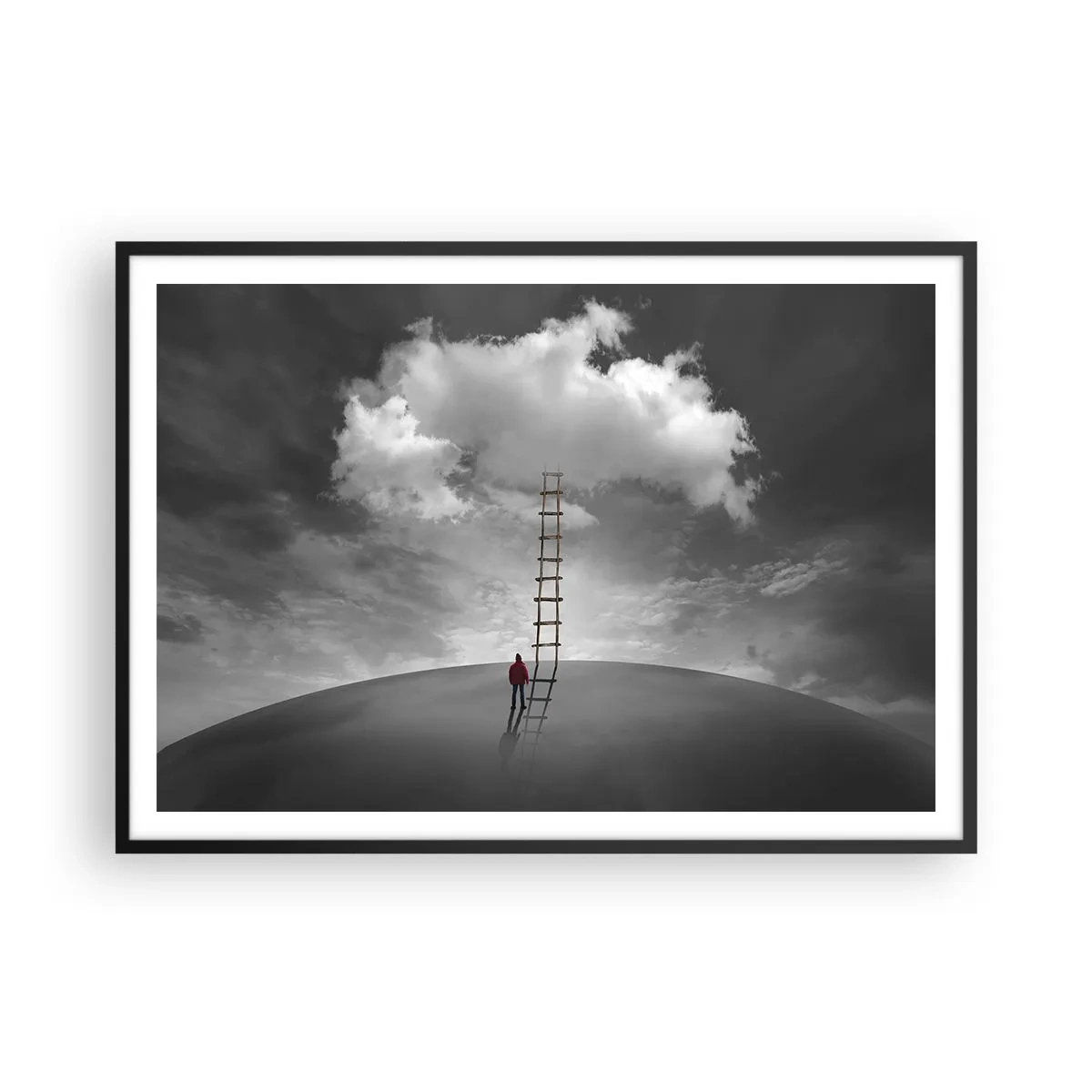 Poster in einem schwarzem Rahmen - Eine Person in einem roten Mantel und eine Leiter, die zu einer Wolke führt - 100x70cm - Alles ist möglich - Moderne Wanddekoration für Wohnzimmer und Schlafzimmer ARTTOR