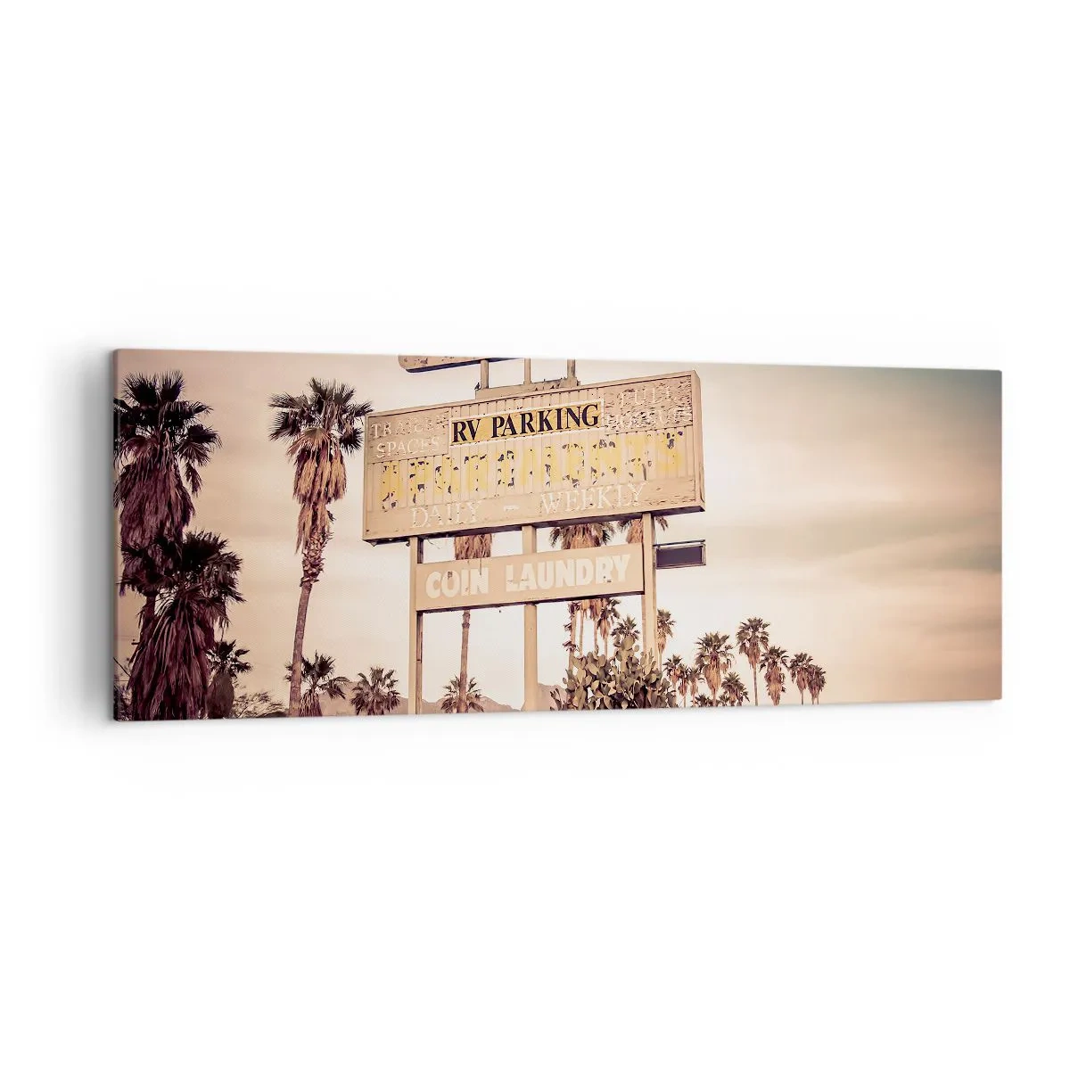 Bild auf Leinwand - Leinwandbild - Retro-Motelschild, umgeben von Palmen - 140x50cm - Hier ist die Zeit stehen geblieben - Moderne Wanddekoration für Wohnzimmer und Schlafzimmer ARTTOR