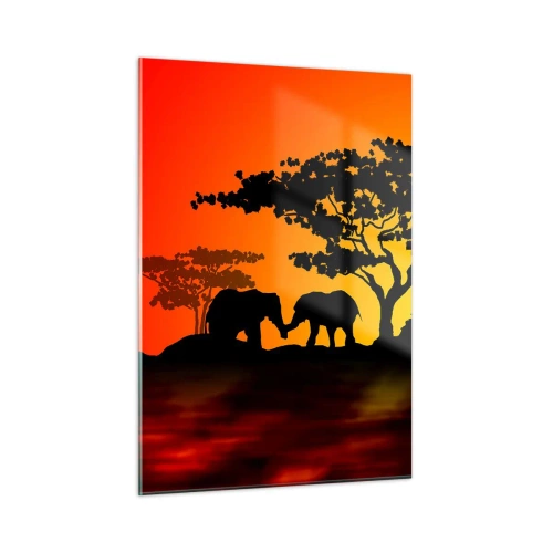 Glasbild - Bild auf glas - Afrikanische Landschaft mit Bäumen und Tieren bei Sonnenuntergang - 50x70cm - Treffen in der Savanne - Moderne Wanddekoration für Wohnzimmer und Schlafzimmer ARTTOR