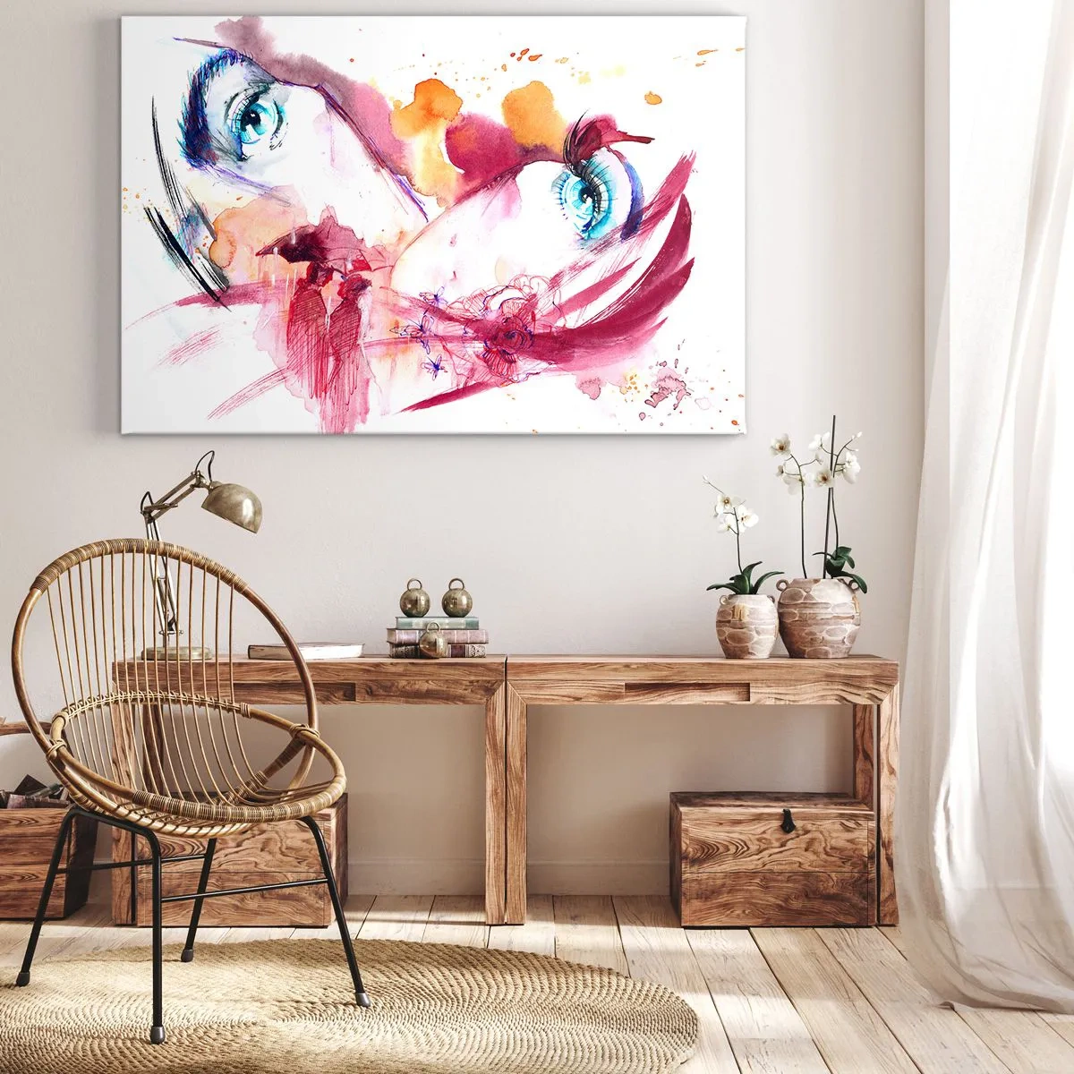 Bild auf Leinwand - Leinwandbild - Ein abstraktes Gesicht mit ausdrucksstarken Augen und roten Akzenten. - 70x50cm - Die Welt gedeiht in der Nähe - Moderne Wanddekoration für Wohnzimmer und Schlafzimmer ARTTOR