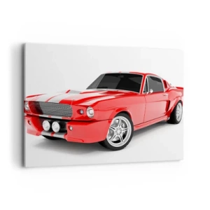 Bild auf Leinwand - Leinwandbild - Roter Sportwagen mit weißen Streifen - 100x70cm - Ein Mustang so schnell wie der Wind - Moderne Wanddekoration für Wohnzimmer und Schlafzimmer ARTTOR