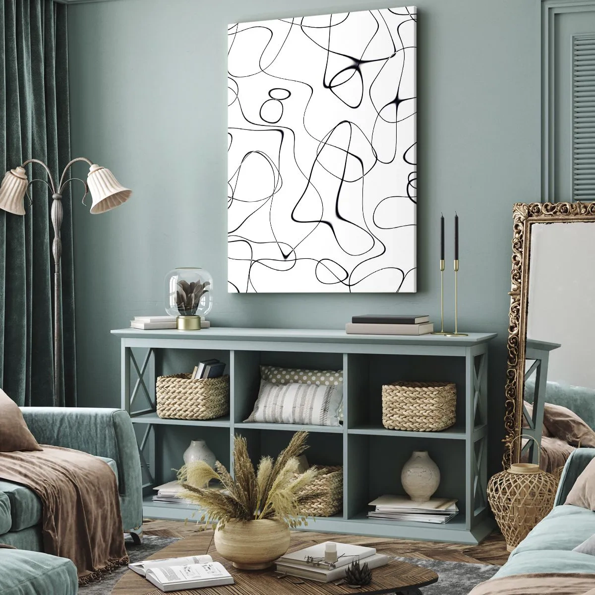 Bild auf Leinwand - Leinwandbild - Abstrakte schwarze Linien auf weißem Hintergrund im minimalistischen Stil - 50x70cm - Lebenswege, Wechselfälle - Moderne Wanddekoration für Wohnzimmer und Schlafzimmer ARTTOR