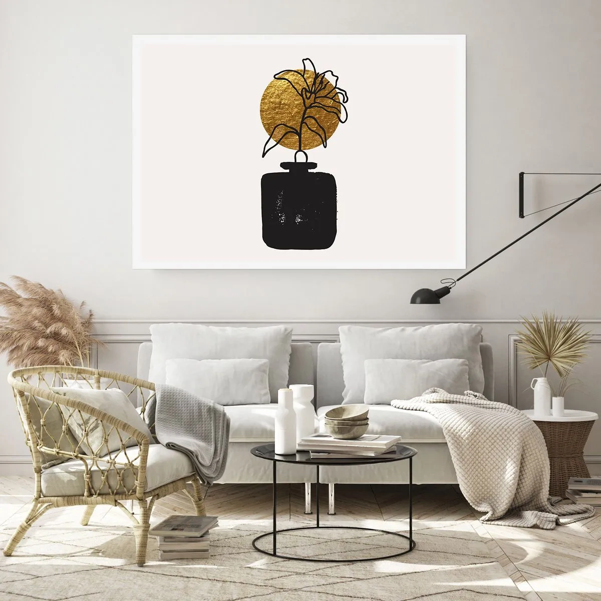 Poster - Eine Zeichnung einer Blume in einer Vase vor einem goldenen Kreishintergrund - 100x70cm - Schönheit ist Gold wert - Moderne Wanddekoration für Wohnzimmer und Schlafzimmer ARTTOR