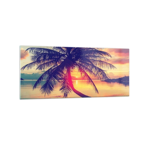 Glasbild - Bild auf glas - Sonnenuntergang mit einer Palme über einem ruhigen Ufer - 120x50cm - Abend unter Palmen - Moderne Wanddekoration für Wohnzimmer und Schlafzimmer ARTTOR