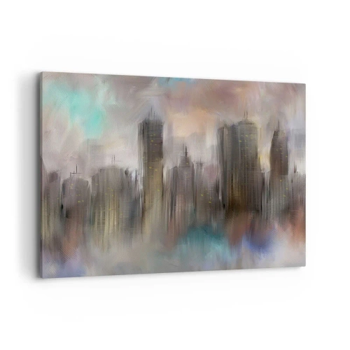 Bild auf Leinwand - Leinwandbild - Eine künstlerische Vision einer Stadtlandschaft mit Wolkenkratzern in Pastellfarben. - 100x70cm - Eine Komposition aus Stahl, Stein und Nebel - Moderne Wanddekoration für Wohnzimmer und Schlafzimmer ARTTOR