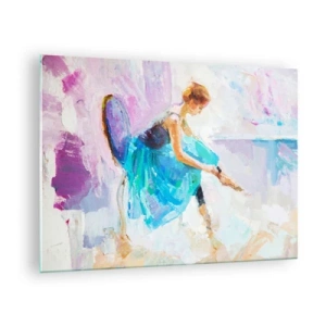 Glasbild - Bild auf glas - Eine Ballerina in einem blauen Kleid vor einem impressionistischen Hintergrund - 70x50cm - Unbeschreibliche Anmut, subtiler Charme - Moderne Wanddekoration für Wohnzimmer und Schlafzimmer ARTTOR
