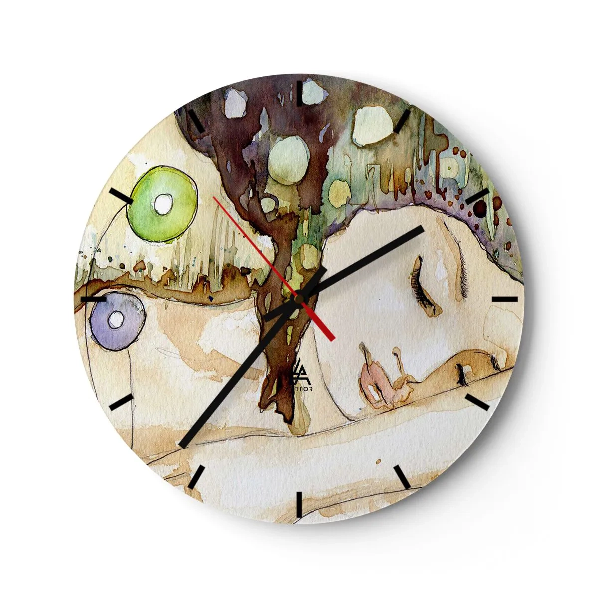 Wanduhr - Glasuhr - Abstraktes Aquarell mit einem weiblichen Gesichtsmotiv - 30x30cm - Ein smaragd-violetter Traum - Moderne Wanddekoration für Wohnzimmer, Küche und Schlafzimmer ARTTOR