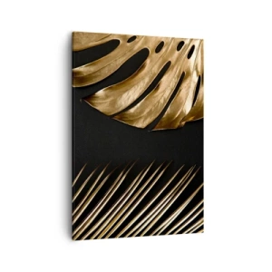 Bild auf Leinwand - Leinwandbild - Goldene Blätter auf schwarzem Hintergrund - 50x70cm - Anders und genauso teuer - Moderne Wanddekoration für Wohnzimmer und Schlafzimmer ARTTOR