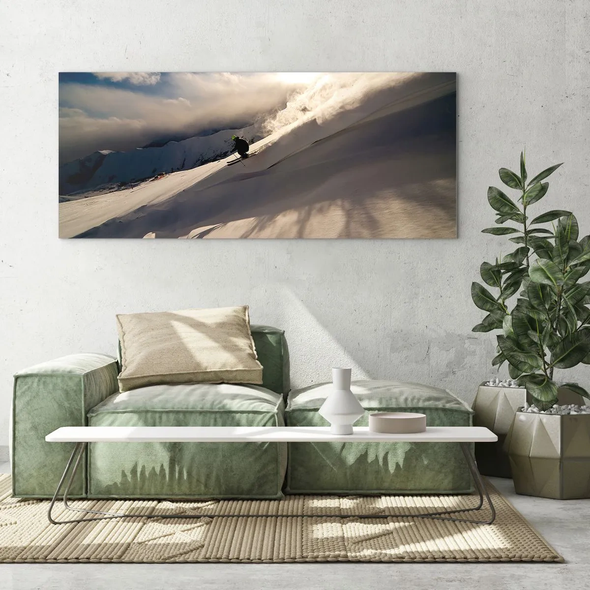 Glasbild - Bild auf glas - Ein Skifahrer auf einer Piste, umgeben von Bergen und Schnee - 120x50cm - Bergherausforderung angenommen - Moderne Wanddekoration für Wohnzimmer und Schlafzimmer ARTTOR