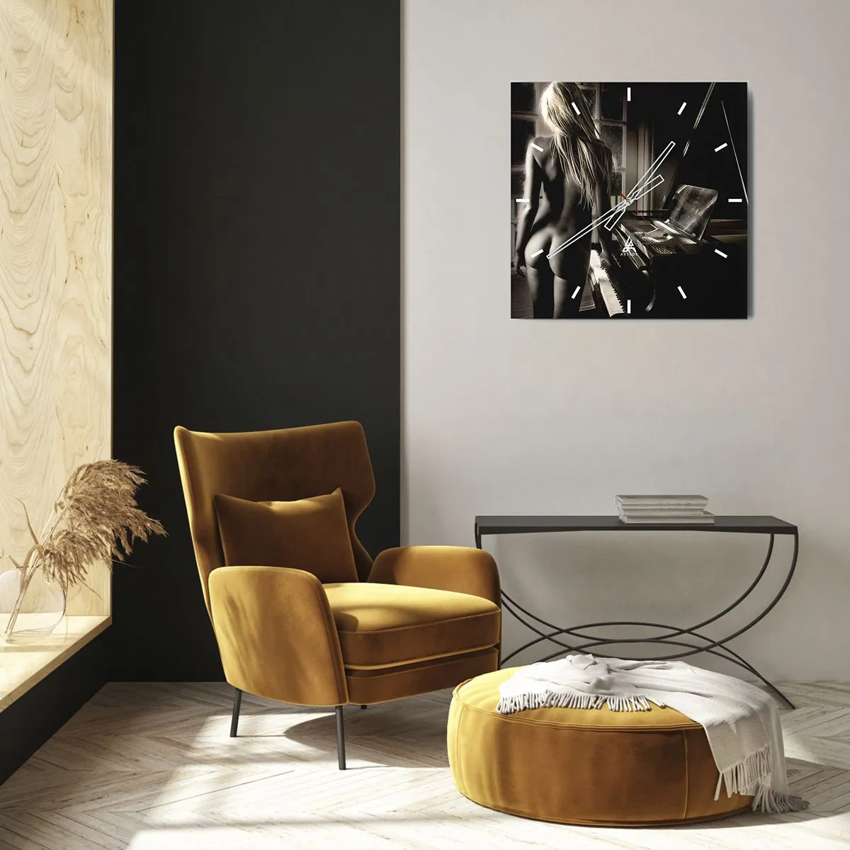 Wanduhr - Glasuhr - Weiblicher Akt am Klavier im Schwarz-Weiß-Stil - 30x30cm - Perfekte Harmonie des Abends - Moderne Wanddekoration für Wohnzimmer und Schlafzimmer ARTTOR