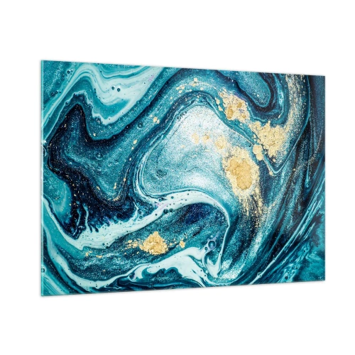Glasbild - Bild auf glas - Abstrakte Wirbel in Türkis- und Goldtönen - 100x70cm - Blauer Wirbel - Moderne Wanddekoration für Wohnzimmer und Schlafzimmer ARTTOR