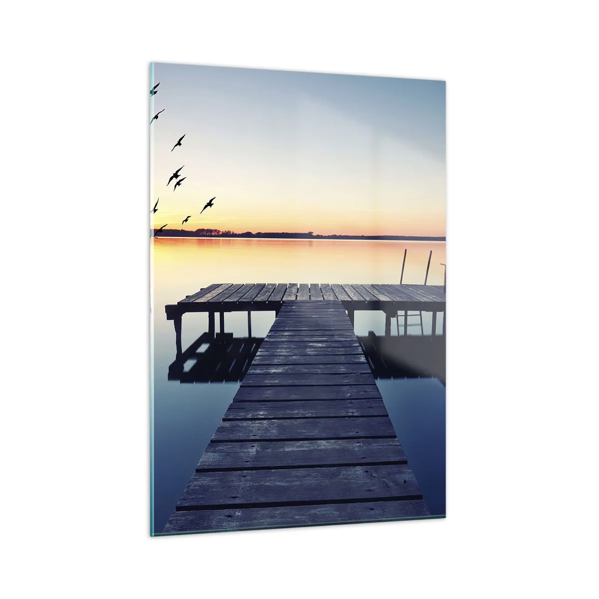 Glasbild - Bild auf glas - Ein Pier am See mit Blick auf den Sonnenuntergang und Vögel im Flug - 50x70cm - Das war ein guter Tag - Moderne Wanddekoration für Wohnzimmer und Schlafzimmer ARTTOR