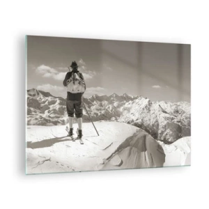 Glasbild - Bild auf glas - Skifahrer auf einem Berggipfel in Schwarz und Weiß - 70x50cm - Und die Berge bleiben unverändert - Moderne Wanddekoration für Wohnzimmer und Schlafzimmer ARTTOR