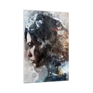 Glasbild - Bild auf glas - Porträt einer Frau, die ihr Gesicht mit einer Stadtlandschaft im Hintergrund kombiniert - 80x120cm - Eine Geschichte über ein Mädchen mit einer Stadt im Hintergrund - Moderne Wanddekoration für Wohnzimmer und Schlafzimmer ARTTOR