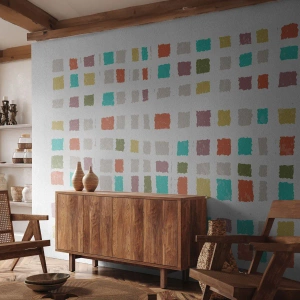 Maßgeschneiderte Fototapete Premium Canvas - Unbekanntes Spiel - Pastell, Quadrate, Minimalismus