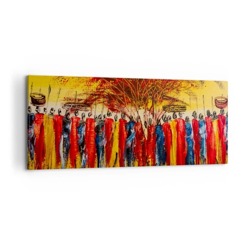 Bild auf Leinwand - Leinwandbild - Eine farbenfrohe Szene mit afrikanischen Figuren vor dem Hintergrund der untergehenden Sonne. - 120x50cm - Dort, dort, dort gehen sie - Moderne Wanddekoration für Wohnzimmer und Schlafzimmer ARTTOR