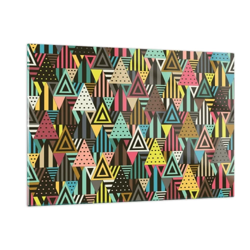 Glasbild - Bild auf glas - Eine abstrakte Komposition mit Dreiecken in intensiven Farben. - 120x80cm - Im Rhythmus auf drei - Moderne Wanddekoration für Wohnzimmer und Schlafzimmer ARTTOR
