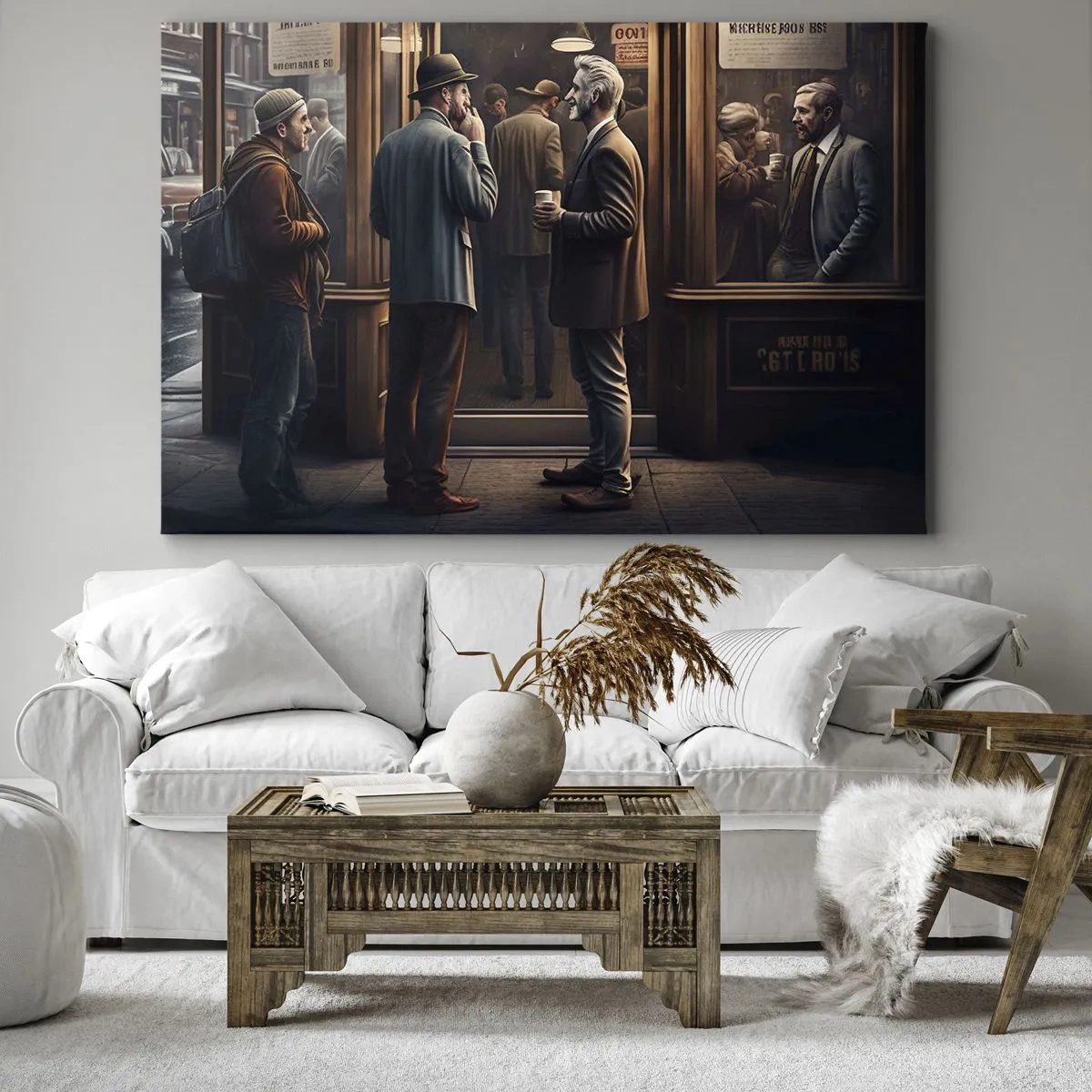 Bild auf Leinwand - Leinwandbild - Straßenszene mit Menschen vor einem Retro-Café - 70x50cm - Gute Zeit des Tages - Moderne Wanddekoration für Wohnzimmer und Schlafzimmer ARTTOR