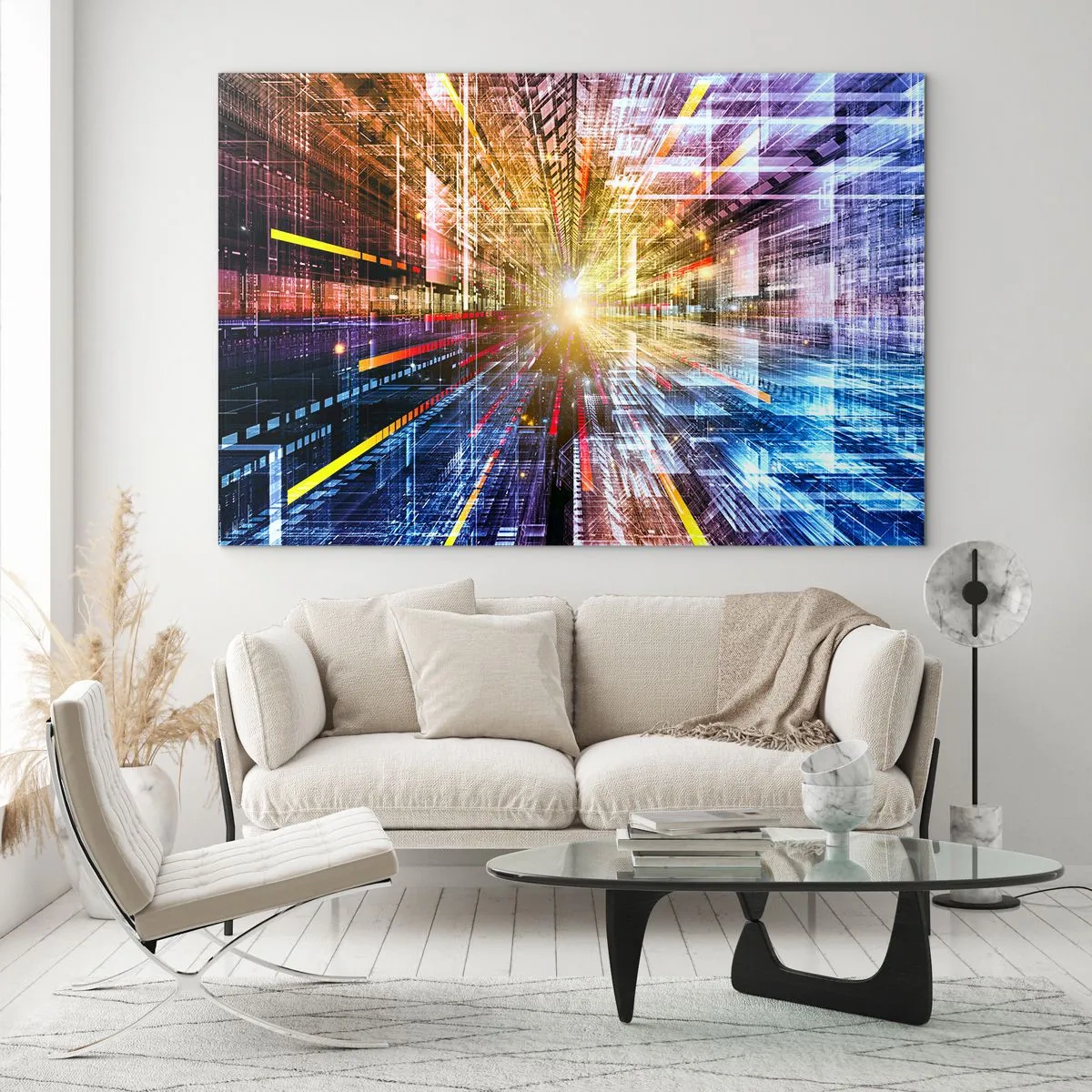 Glasbild - Bild auf glas - Abstrakte Vision mit farbigen Linien und Licht - 100x70cm - Leuchtender Korridor - Moderne Wanddekoration für Wohnzimmer und Schlafzimmer ARTTOR