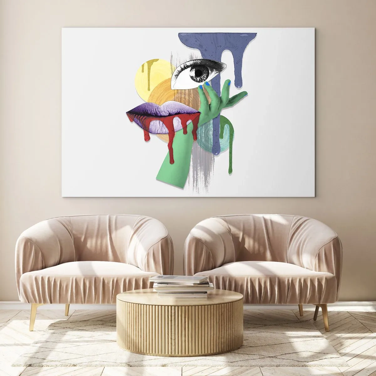 Glasbild - Bild auf glas - Abstrakte Komposition mit Auge, Mund und Farben - 70x50cm - Ein dekonstruiertes Porträt - Moderne Wanddekoration für Wohnzimmer und Schlafzimmer ARTTOR