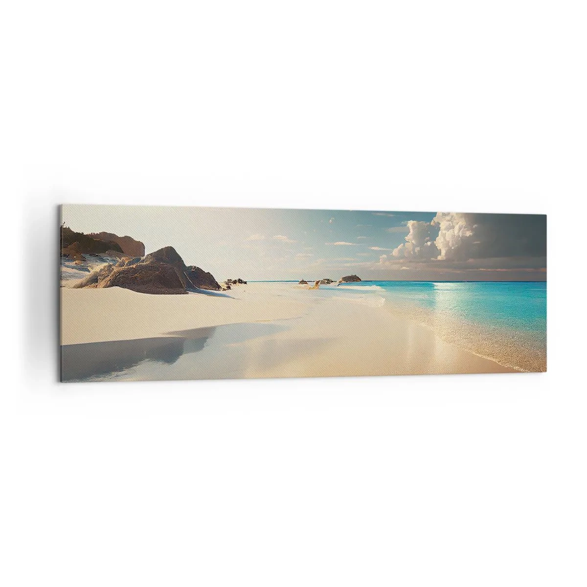 Bild auf Leinwand - Leinwandbild - Ein sonniger Strand mit blauem Meer und Felsen - 160x50cm - Erträumter Tag - Moderne Wanddekoration für Wohnzimmer und Schlafzimmer ARTTOR