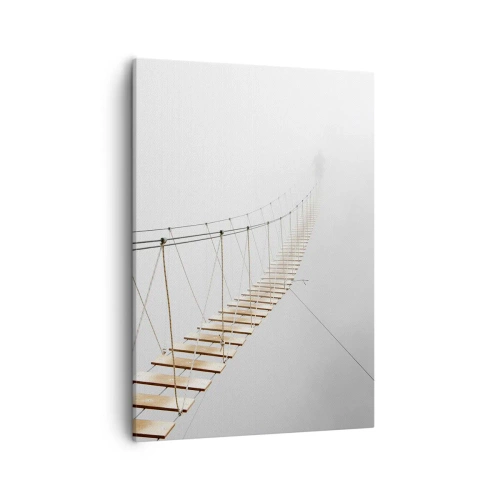 Bild auf Leinwand - Leinwandbild - Eine Hängebrücke im Nebel aus minimalistischer Perspektive - 50x70cm - Wohin wird es dich führen? - Moderne Wanddekoration für Wohnzimmer und Schlafzimmer ARTTOR