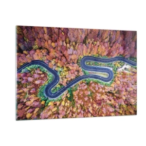 Glasbild - Bild auf glas - Eine Vogelperspektive auf eine kurvenreiche Straße zwischen bunten Herbstbäumen - 120x80cm - Kurvenreicher Weg durch den Wald - Moderne Wanddekoration für Wohnzimmer und Schlafzimmer ARTTOR