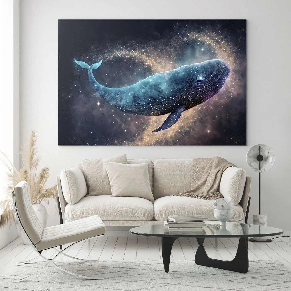 Glasbild - Bild auf glas - Blauwal schwimmt in der Galaxie - 100x70cm - Es gibt so eine Welt… - Moderne Wanddekoration für Wohnzimmer und Schlafzimmer ARTTOR