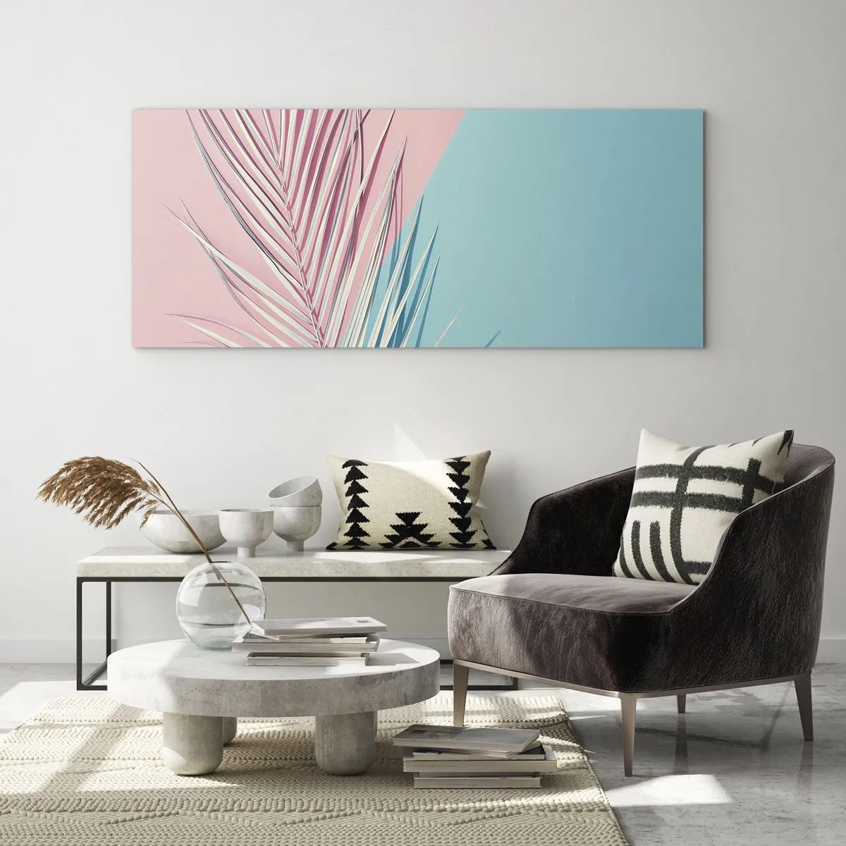 Glasbild - Bild auf glas - Tropisches Blatt vor einem Hintergrund in Pastelltönen von Rosa und Blau - 140x50cm - Tropischer Eindruck - Moderne Wanddekoration für Wohnzimmer und Schlafzimmer ARTTOR