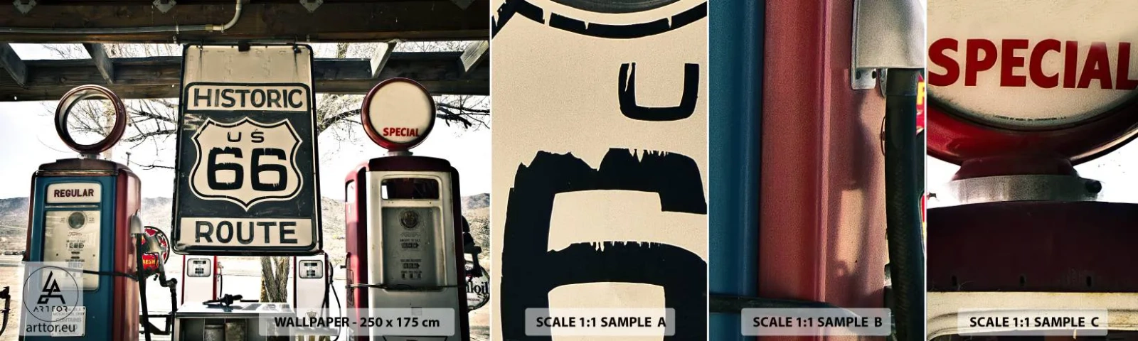 Fototapeten Muster Selbstklebend Deluxe Sticker - Amerikanische Retro-Reise - Jahrgang, Route 66, Route 66 - 100x30 cm