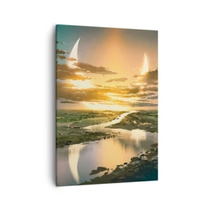 Bild auf Leinwand - Leinwandbild - Eine fantastische Landschaft mit zwei Monden am Horizont - 50x70cm - Irgendwo in einer weit, weit entfernten Galaxie - Moderne Wanddekoration für Wohnzimmer und Schlafzimmer ARTTOR
