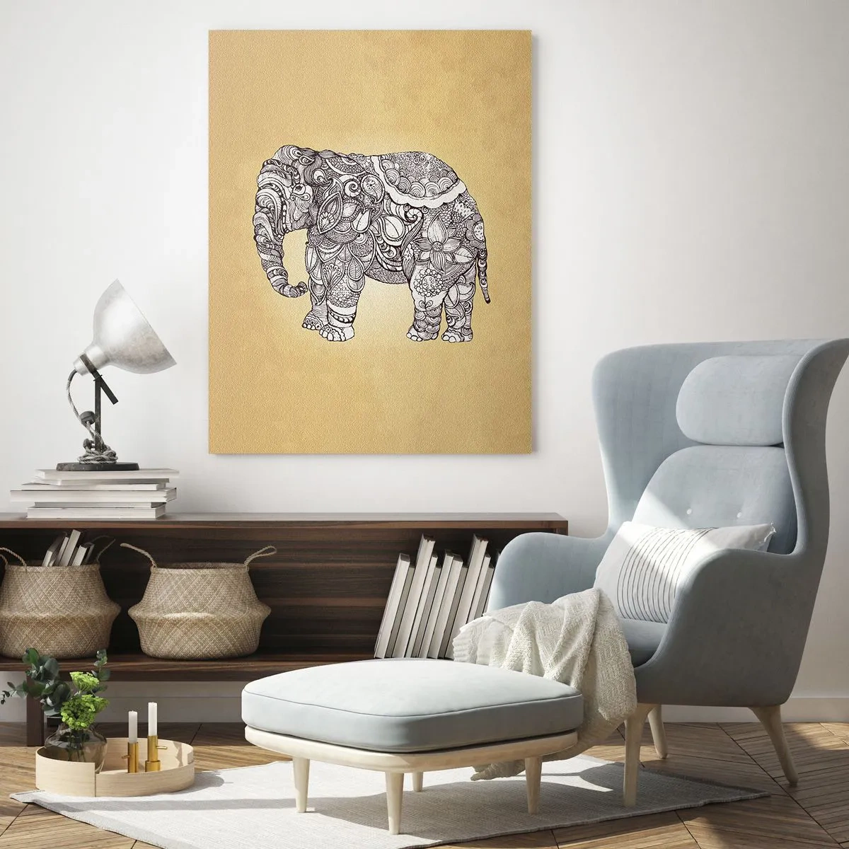 Glasbild - Bild auf glas - Handgezeichneter Elefant mit kunstvollem Muster auf beigem Hintergrund - 80x120cm - Elefant verhüllte sich - Moderne Wanddekoration für Wohnzimmer und Schlafzimmer ARTTOR