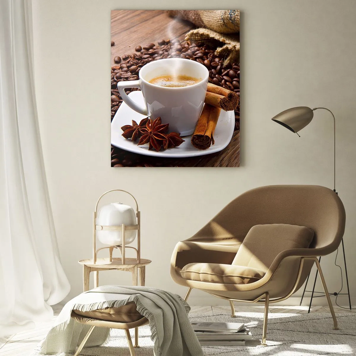 Glasbild - Bild auf glas - Eine Tasse Kaffee mit Zimt und Kaffeebohnen auf einem Holztisch - 50x70cm - Würziger Geschmack und Aroma - Moderne Wanddekoration für Wohnzimmer und Schlafzimmer ARTTOR