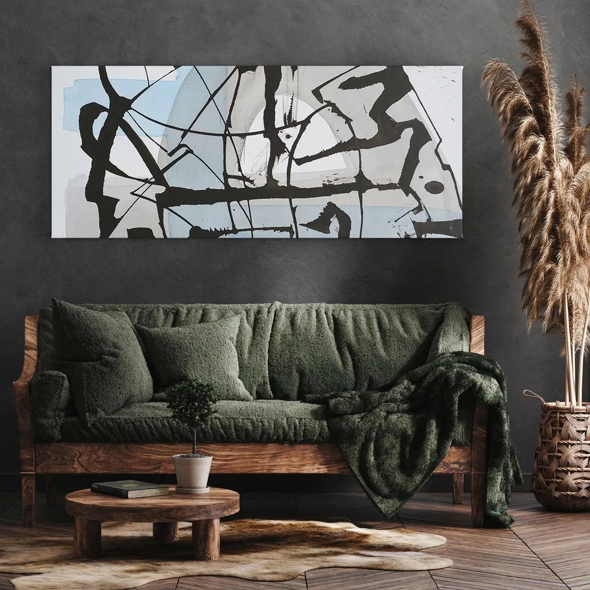 Bild auf Leinwand - Leinwandbild - Abstrakte Linien und Formen in Blau und Schwarz - 140x50cm - Trotzdem blau - Moderne Wanddekoration für Wohnzimmer und Schlafzimmer ARTTOR