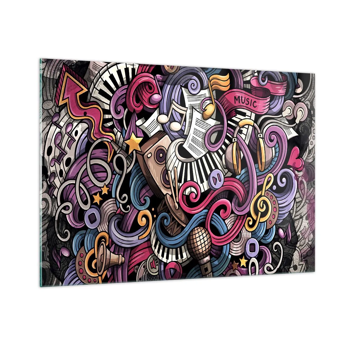Glasbild - Bild auf glas - Bunte Musikthemen mit Noten und Instrumenten - 100x70cm - Komplizierte Melodie - Moderne Wanddekoration für Wohnzimmer und Schlafzimmer ARTTOR