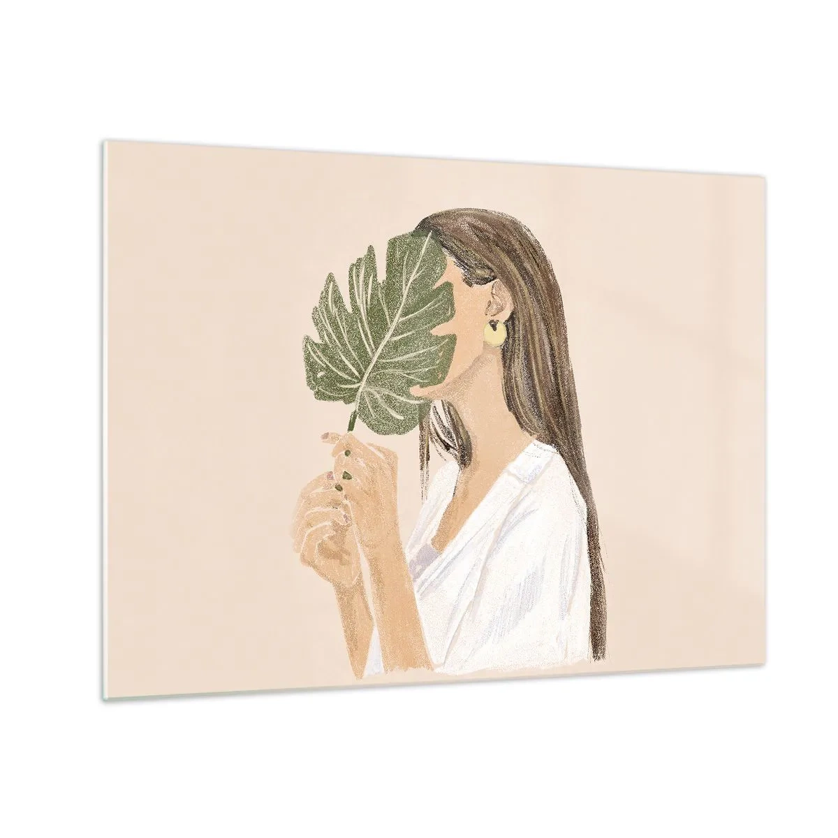 Glasbild - Bild auf glas - Eine Frau mit langen Haaren hält ein Blatt vor ihr Gesicht. - 70x50cm - Geheimnisvolles Porträt mit Fächer - Moderne Wanddekoration für Wohnzimmer und Schlafzimmer ARTTOR