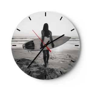 Wanduhr - Glasuhr - Minimalistische Abstraktion mit schwarzen Linien und einem roten Kreis - 30x30cm - Die Tochter der Meereswelle - Moderne Wanddekoration für Wohnzimmer, Küche und Schlafzimmer ARTTOR
