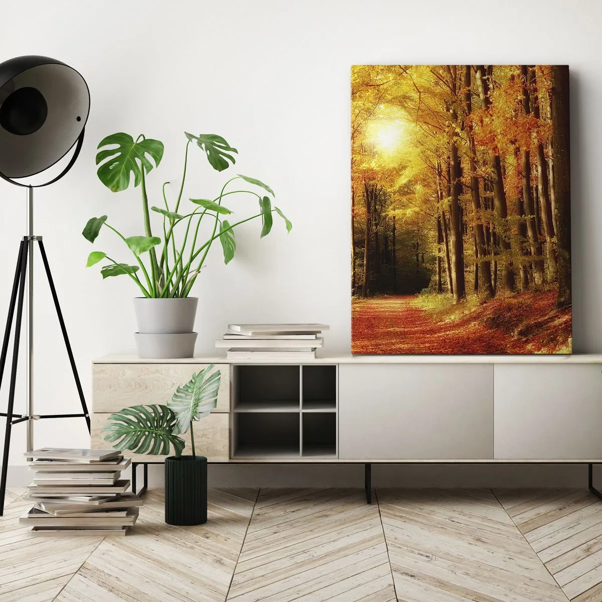 Bild auf Leinwand - Leinwandbild - Goldener Herbst auf einer Forststraße - 55x100 cm