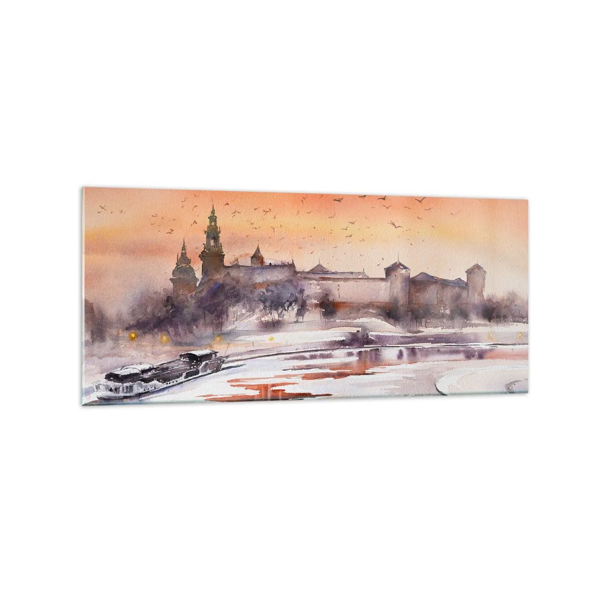Glasbild - Bild auf glas - Sonnenuntergang über dem Schloss in einer Winterlandschaft - 120x50cm - Königlicher Sonnenuntergang - Moderne Wanddekoration für Wohnzimmer und Schlafzimmer ARTTOR