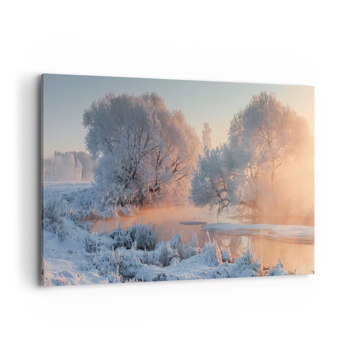 Bild auf Leinwand - Leinwandbild - Winterlandschaft mit schneebedeckten Bäumen und einem Sonnenuntergang - 100x70cm - Alles im Kristall glänzt in der Sonne - Moderne Wanddekoration für Wohnzimmer und Schlafzimmer ARTTOR