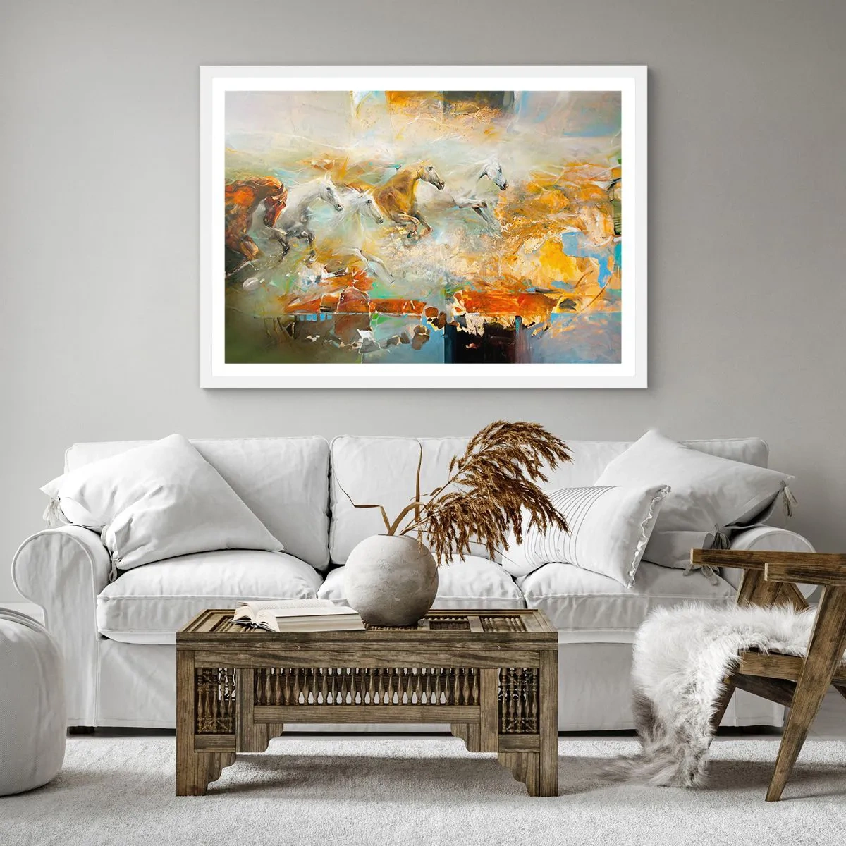 Poster in einem weißen Rahmen - Im Galopp durch das Licht - 40x40 cm