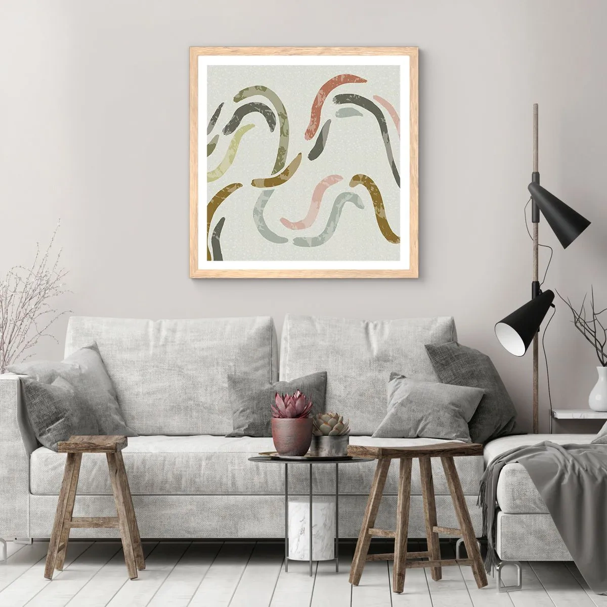 Poster in einem Rahmen aus heller Eiche - Fröhlicher Tanz der Abstraktion - 60x60 cm