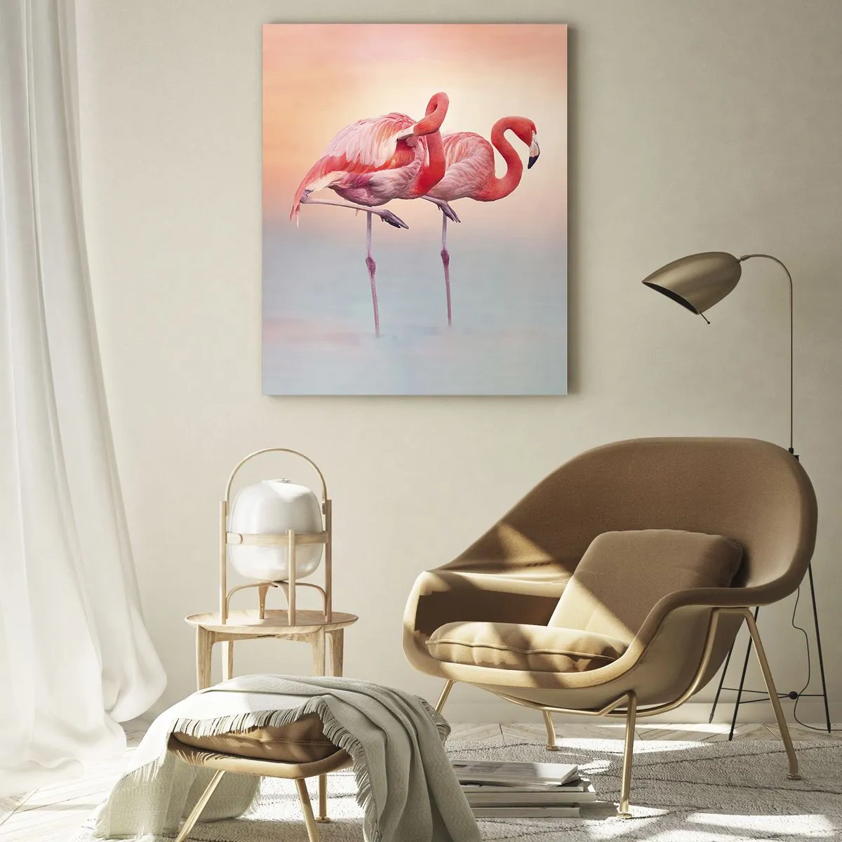Glasbild - Bild auf glas - Flamingos in zarten Pastellfarben auf Wasserhintergrund - 80x120cm - Die Farbe der untergehenden Sonne - Moderne Wanddekoration für Wohnzimmer und Schlafzimmer ARTTOR