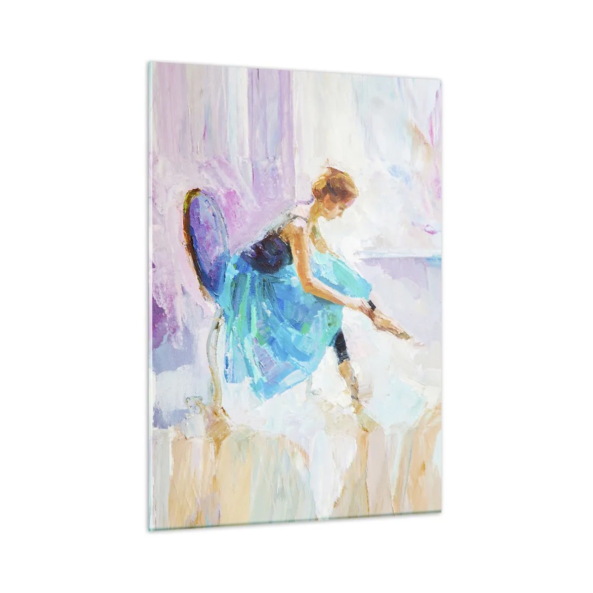 Glasbild - Bild auf glas - Eine Ballerina in einem blauen Kleid vor einem impressionistischen Hintergrund - 50x70cm - Unbeschreibliche Anmut, subtiler Charme - Moderne Wanddekoration für Wohnzimmer und Schlafzimmer ARTTOR