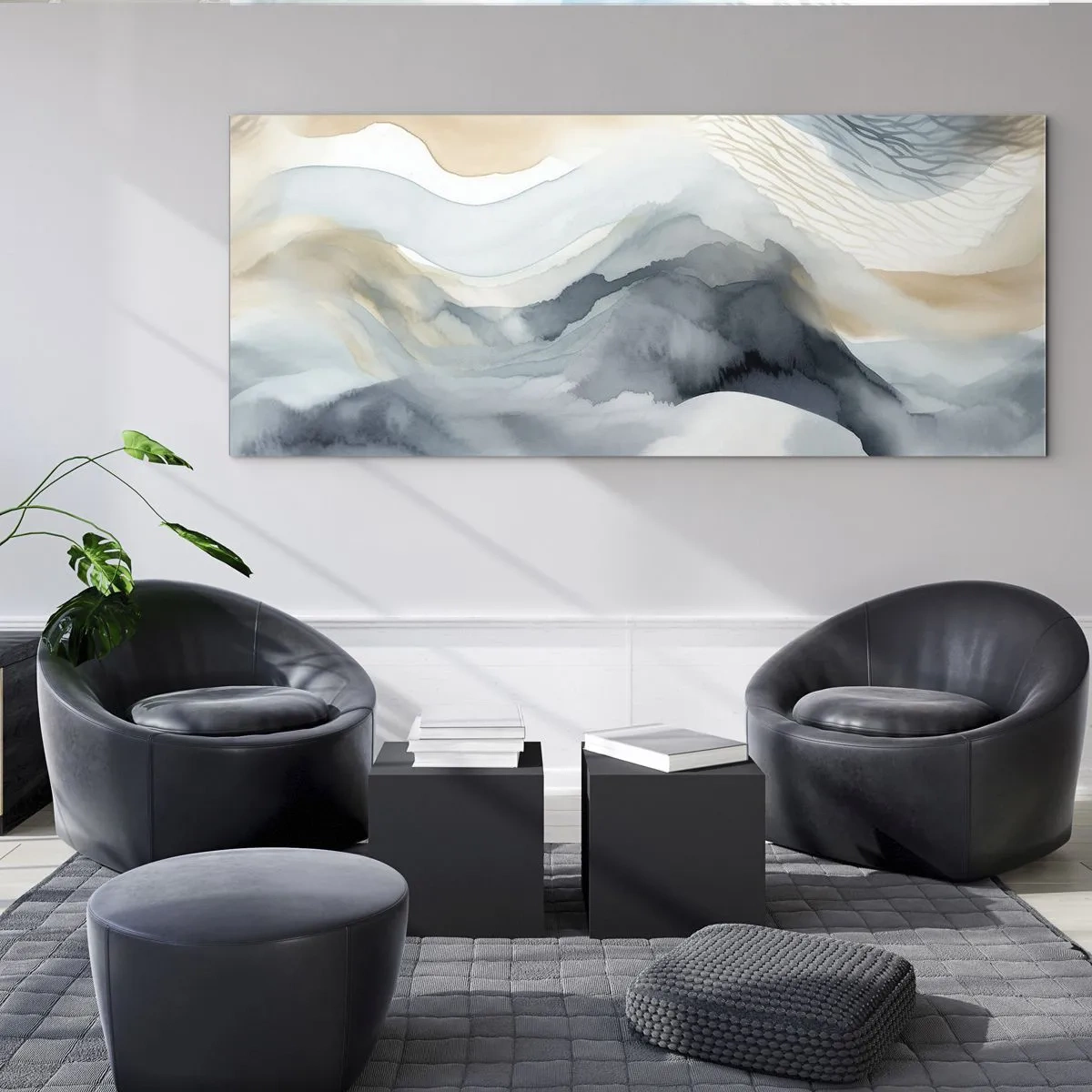 Glasbild - Bild auf glas - Eine zarte Abstraktion mit Bergmotiv in Pastelltönen. - 160x50cm - Verschneite und neblige Abstraktion - Moderne Wanddekoration für Wohnzimmer und Schlafzimmer ARTTOR