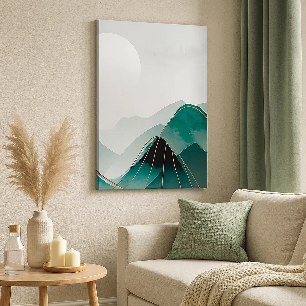 Bild auf Leinwand - Leinwandbild - Abstrakte Berglandschaft mit Mond und goldenen Linien - 50x70cm - In voller Majestät - Moderne Wanddekoration für Wohnzimmer und Schlafzimmer ARTTOR